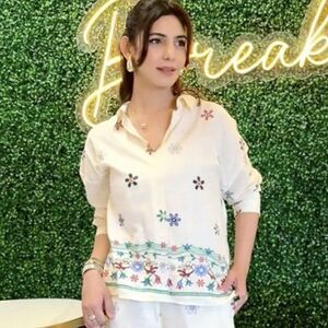 ZARA Floral Embroidered Linen Blend Long Sleeve Button Down Shirt, Ivory, L